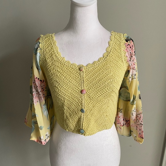 Matix Tops - Floral Sleeve Yellow Crochet Crop Top